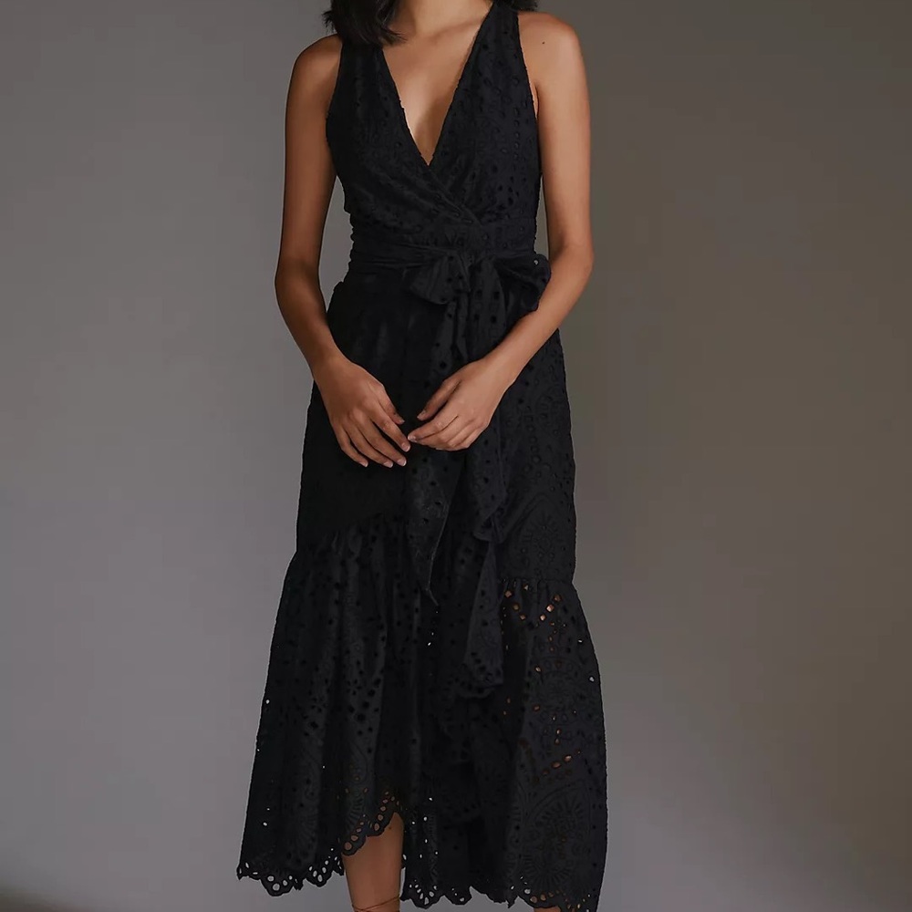 Anthropologie Black Eyelet Wrap Midi Dress